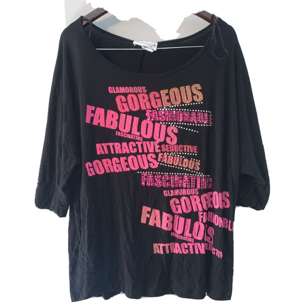 TIME AND A HALF Glamorous Graphic Sequin Stretchy Blouse 3/4 Sleeve 2XL